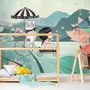 Cute Little Girl with Cat and Pink Lotus Cartoon Wallpaper Mural for Girls Room