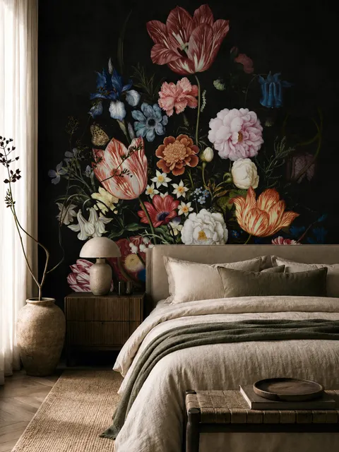 Elegant Dutch Dark Floral Bouquet Wallpaper Mural