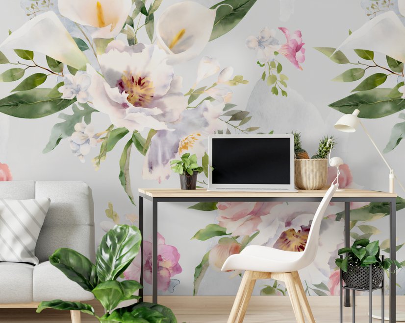 Papier peint panoramique aquarelle blanc rose Bouquet floral