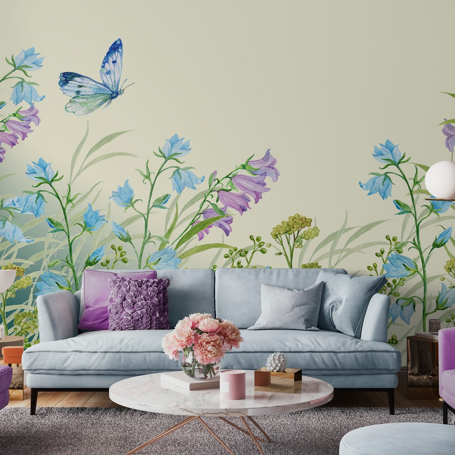 Purple Floral Garden Wallpaper Mural - Peel and Stick