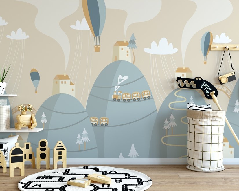 Soft Hot Air Balloon with Little Home Wallpaper Mural