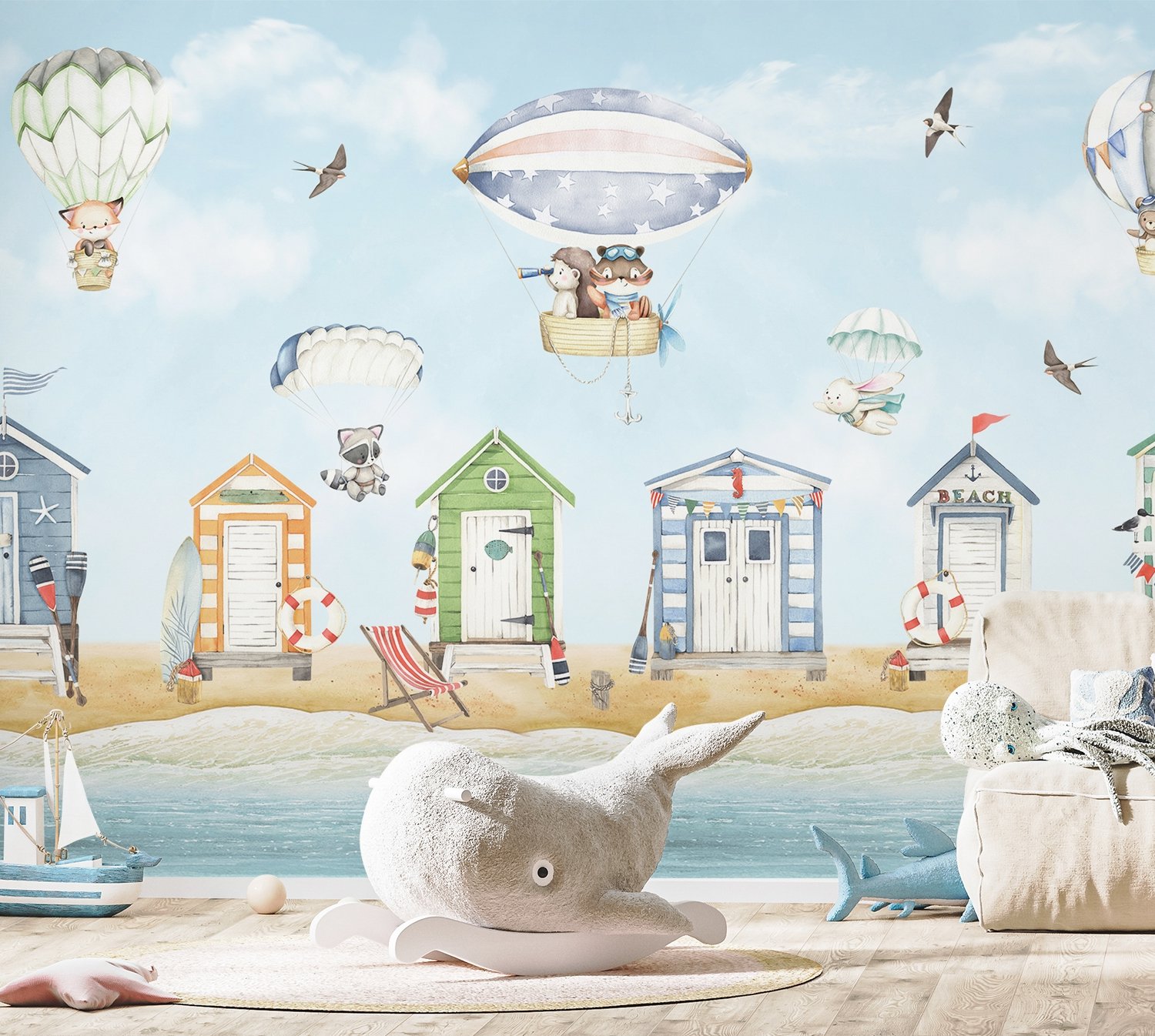 Watercolor Kids Beach House with Hot Air Balloons - Peel and Stick