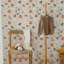 Cute autumn wallpaper with white ghosts, orange pumpkins, black bats and sage striped background