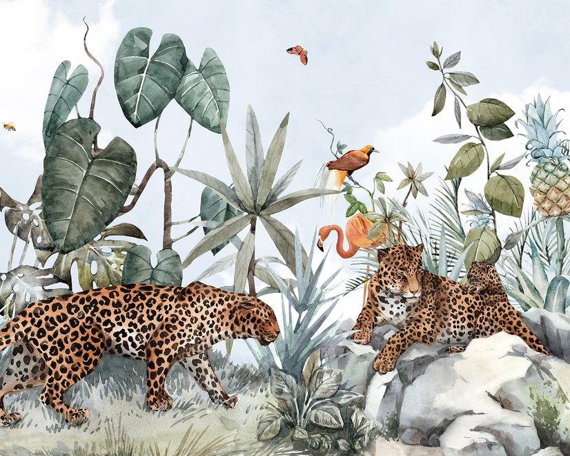 Kinder Aquarellwald mit Leoparden Wildtiere Fototapete