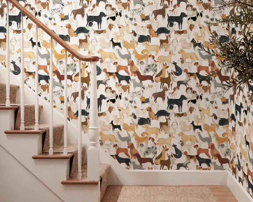 Zoomie kids wallpaper with painted dog breeds in tan, brown, black and grey on white