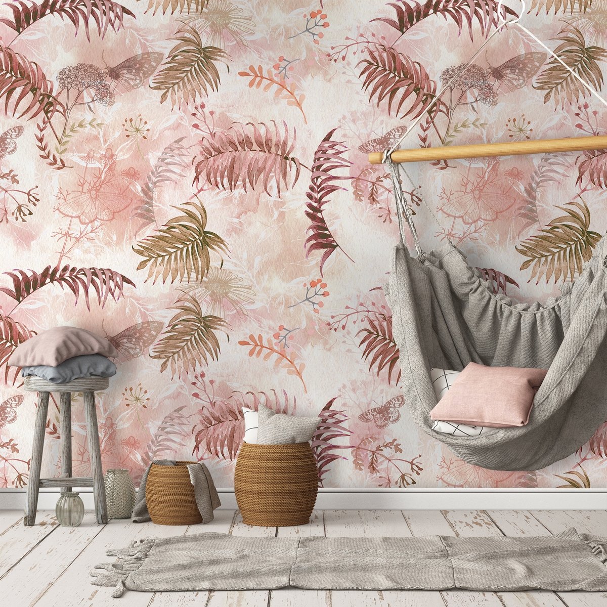 Pink Leaf and Blossom Wallpaper Mural - Peel and Stick
