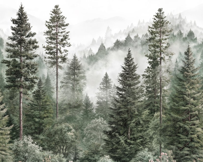 Misty mountain wallpaper mural with tall pine trees, layered green forest and pale foggy ridges