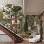 Architectural design wallpaper mural of forest treehouses, rivers, boats and small figures in green watercolour
