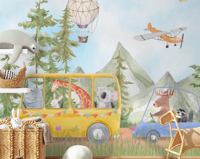 Kids Cute Watercolor Animals in the Bus Wallpaper Mural
