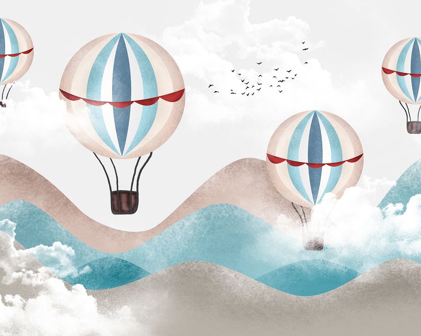 Kids Blue Brown Mountainscape with Hot Air Balloon Wallpaper Mural
