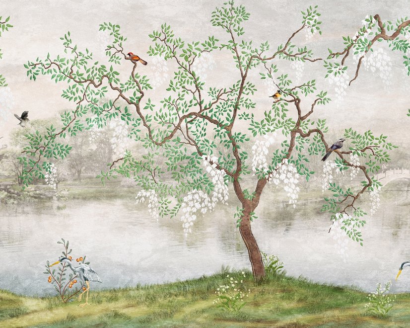 Fototapete Mistiger See Landschaft und Japanischer Garten