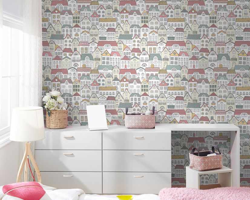 Kids Hand Drawn Colorful Cute House Wallpaper Mural