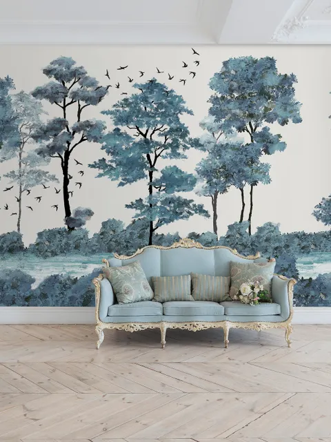 Papier peint panoramique Monochrome Aquarelle Grands Arbres