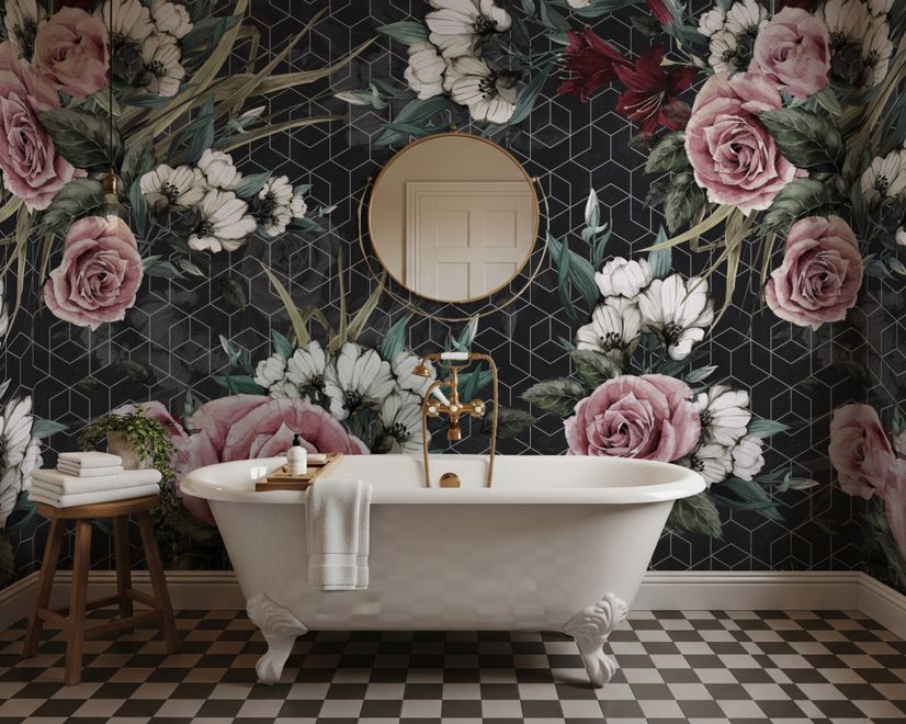 Bunte Blumen mit dunklem geometrischem Muster Fototapete