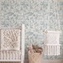 Cute cats wallpaper with dusty blue toile kittens, roses and garden scenes on warm cream