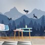 Monochrome Dark Blue Snowy Forest with Horned Deer Silhouette for Kids Nursery Wallpaper Mural