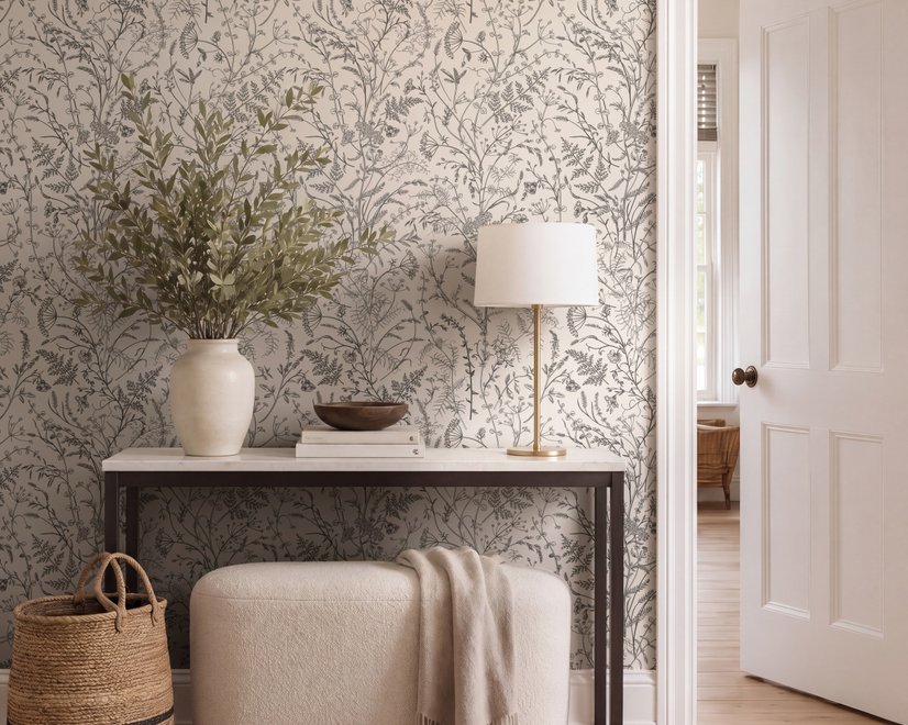 Black outline botanical wallpaper with charcoal wildflowers and grasses on a warm ivory cream ground