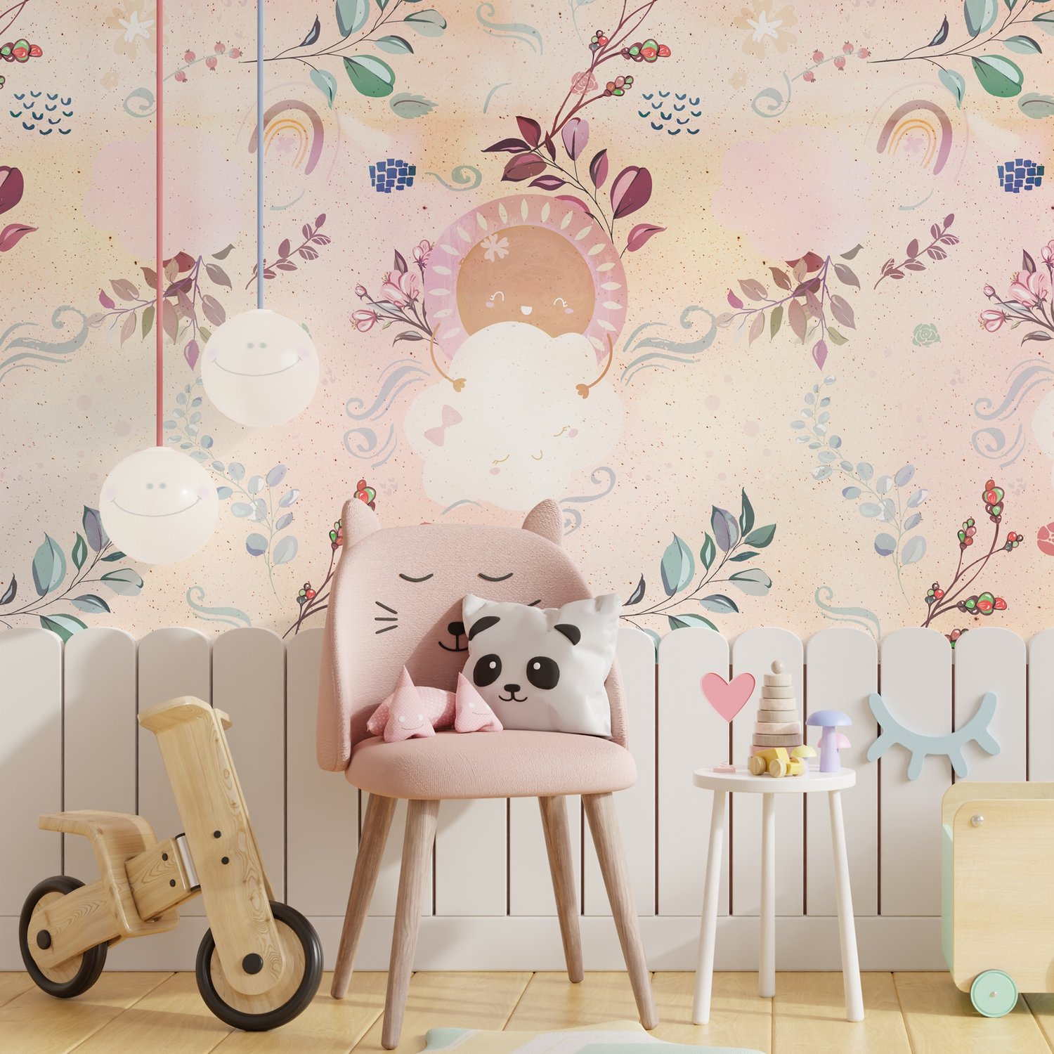 Nursery Cute Clouds with Leafs Wallpaper Mural - Peel and Stick