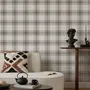 Neutral beige and brown plaid wallpaper with cream squares, taupe woven blocks and fine dark brown lines