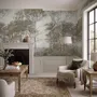 Tree wallpaper forest mural with olive coastal woodland, bare branches, shoreline path and small sailboats