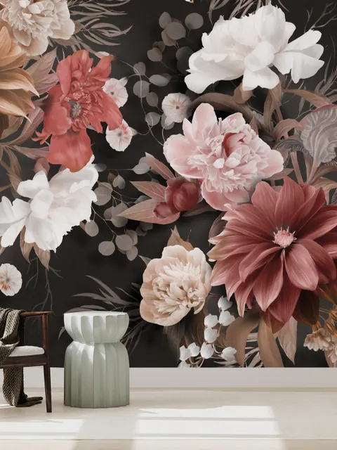 Realistic Dark Floral Wallpaper Mural
