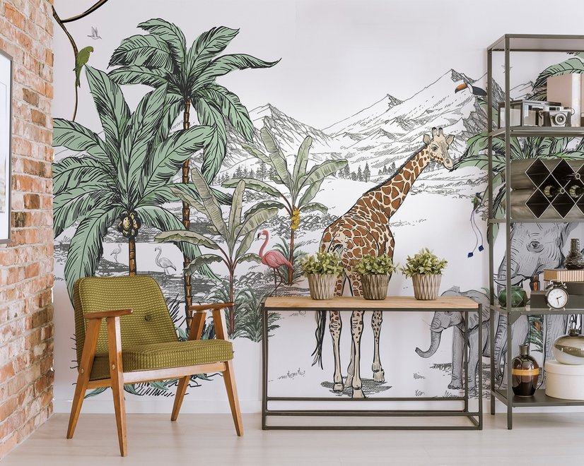 Fototapete "Tropische Tiere mit Bergmotiv für Kinderzimmer"