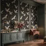 Ivory cranes and antique gold lotus flowers on charcoal-black Japanese lotus wallpaper
