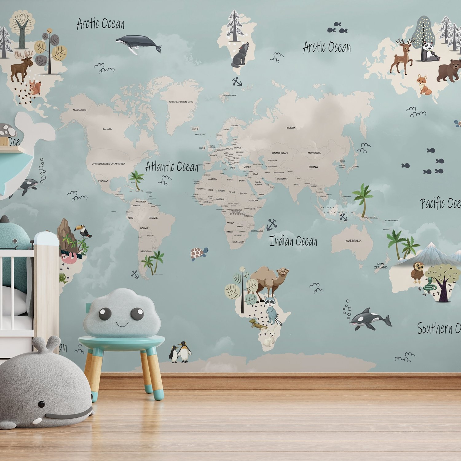 Kids Political World Map Wallpaper Mural - Peel and Stick
