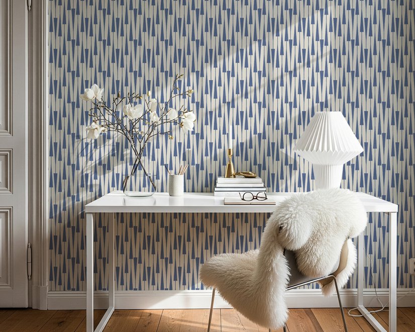 Cream colored wallpaper with denim blue geometric totem stripe repeat on a linen texture ground