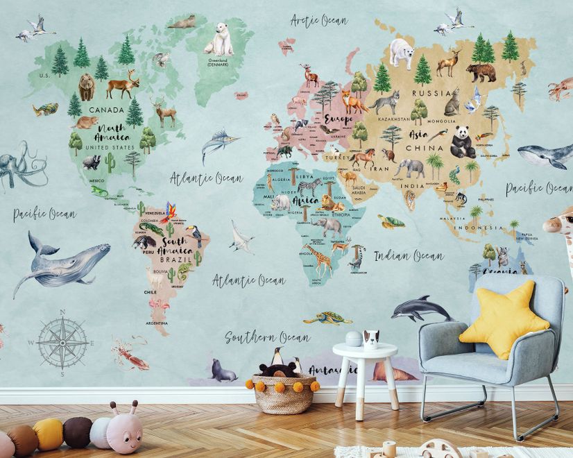 Kids Watercolor World Map Wallpaper Mural