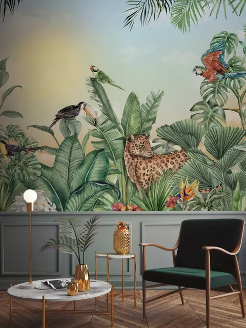 Leopard and Colorful Parrot in the Tropical Forest Wallpaper Mural
