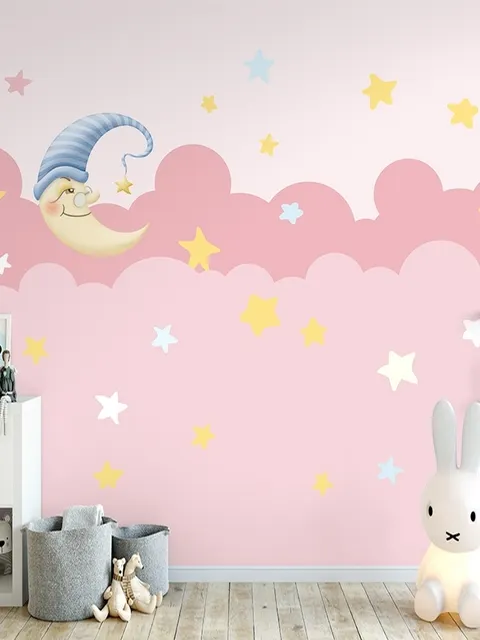 Kids Girls Pink Night with Sleeping Moon Wallpaper Mural