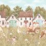Watercolour rustic farmhouse wallpaper mural with horse, cow, llama, dog, tractor and cottage barns in a wheat meadow