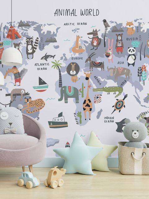 Weltkarte mit Cartoon-Tieren Kinder-Fototapete