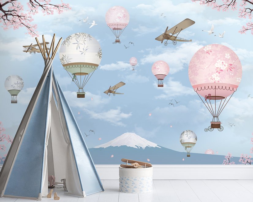 Cherry Blossom with Soft Hot Air Balloon Wallpaper Mural