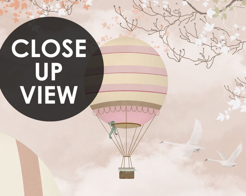 Kids Pink Hot Air Balloon and Cherry Blossom Wallpaper Mural