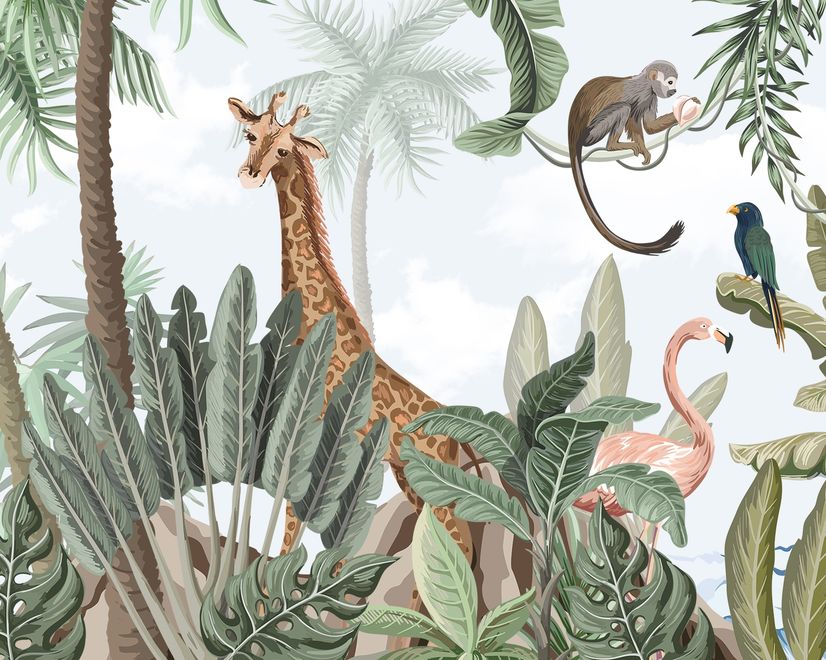 Kids Nursery Pink Flamingo and Cute Giraffe Safari Animals Wallpaper Mural