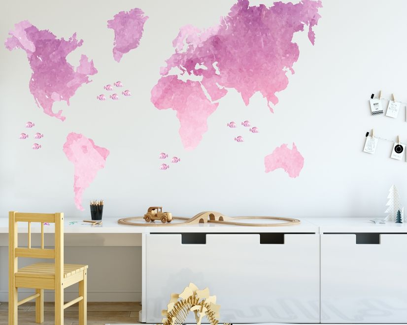 Kids Pink World Maps with Little Fishes Wall Decal Sticker