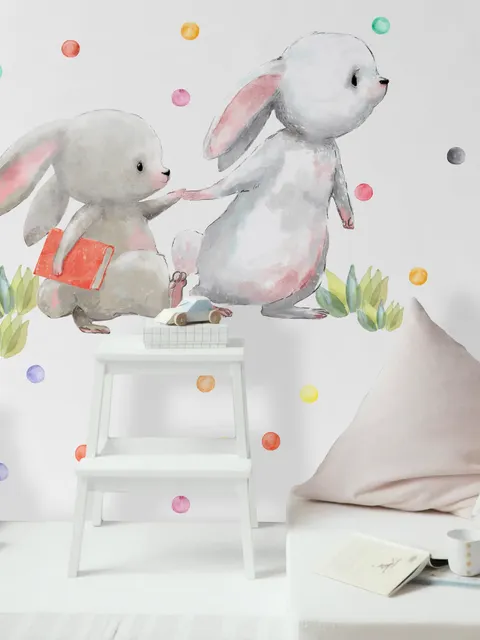 The Cute Bunny Reading Books with Colorful Polka Dots Kids Wall Decal Sticker