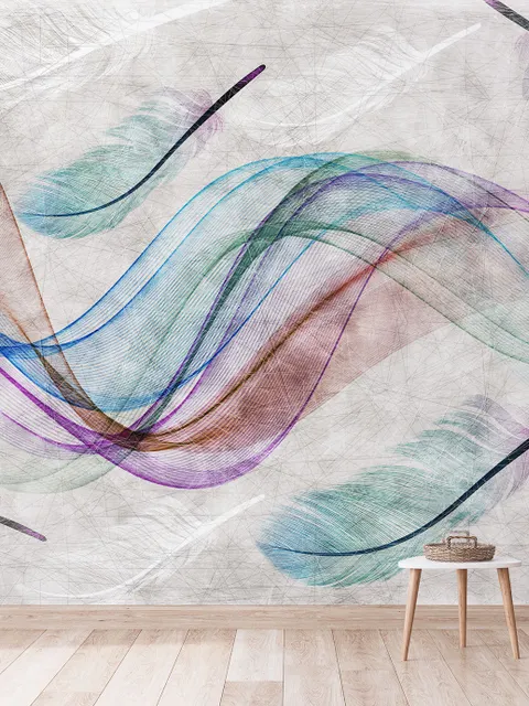 Papier peint panoramique en forme de plumes abstraites et colorées