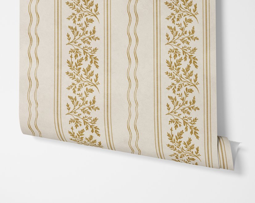 Gold and white wallpaper with antique gold leafy sprig stripes on parchment cream