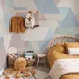 Pastel abstract wallpaper with overlapping sky blue, blush, cream, sage and grey textured triangles