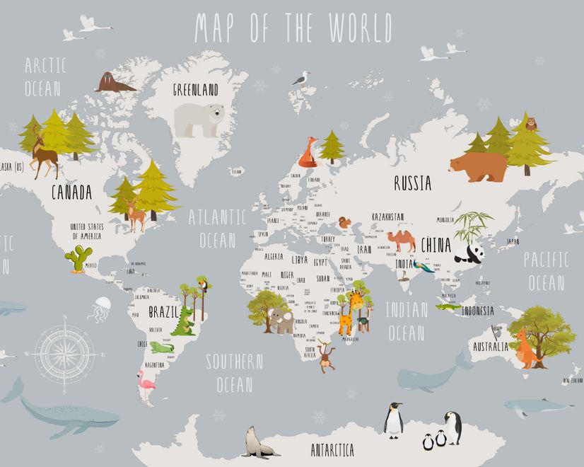 Papier peint carte du monde animaux cartoon enfants