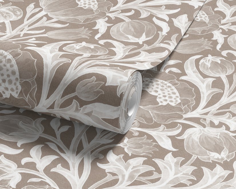 Greige botanical wallpaper with white watercolour flowers, buds, seed heads and acanthus leaves