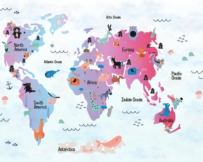 Colorful World Map with Cartoon Animals Wallpaper Mural