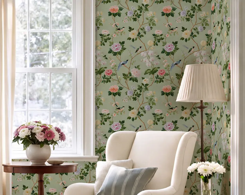 Celadon-sage chinoiserie wallpaper with blue-grey birds, tan branches, pink peonies and white orchids