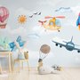 Cartoon Aircraft and Pink Hot Air Balloon Wallpaper Mural