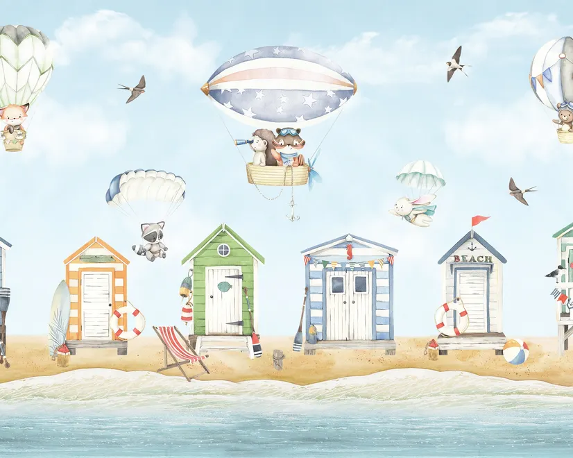 Watercolor Kids Beach House with Hot Air Balloons