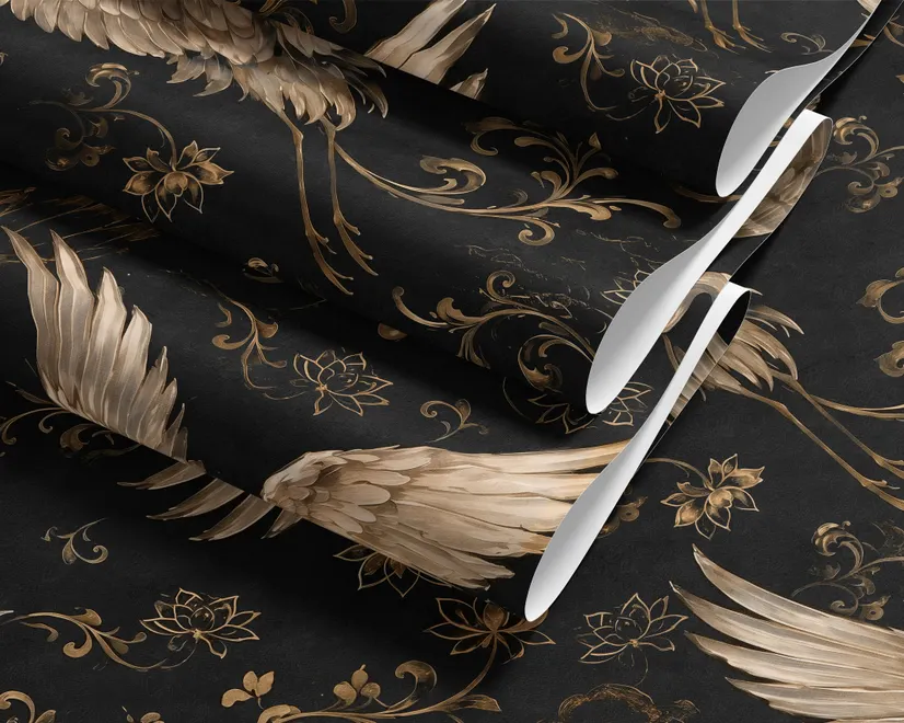 Ivory cranes and antique gold lotus flowers on charcoal-black Japanese lotus wallpaper