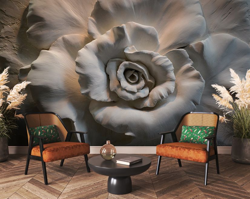 papier peint panoramique en 3D, aspect gaufré, avec des roses en ciment